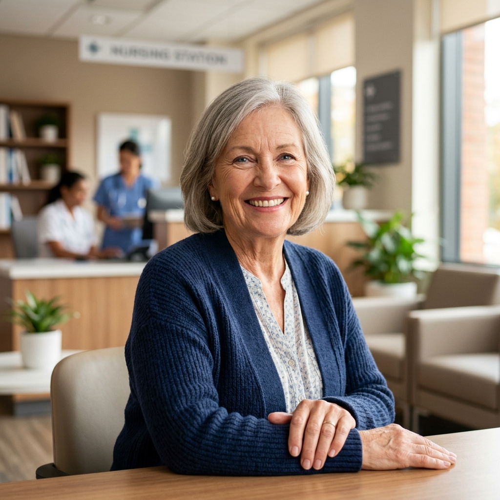 Smiling elderly woman in healthcare setting.